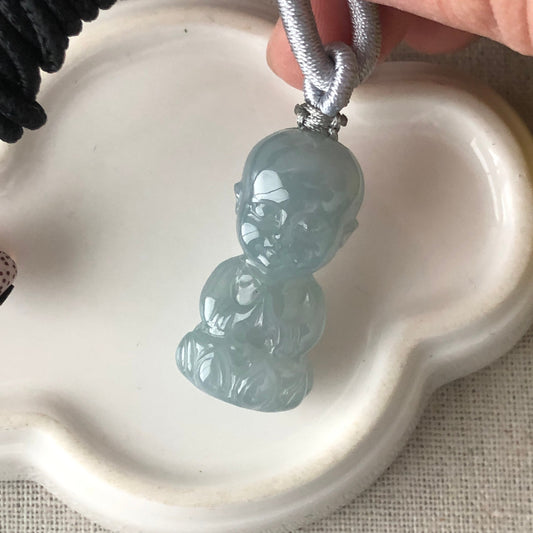 30mm Icy Blue Jadeite Jade Carved Baby Buddha Pendant