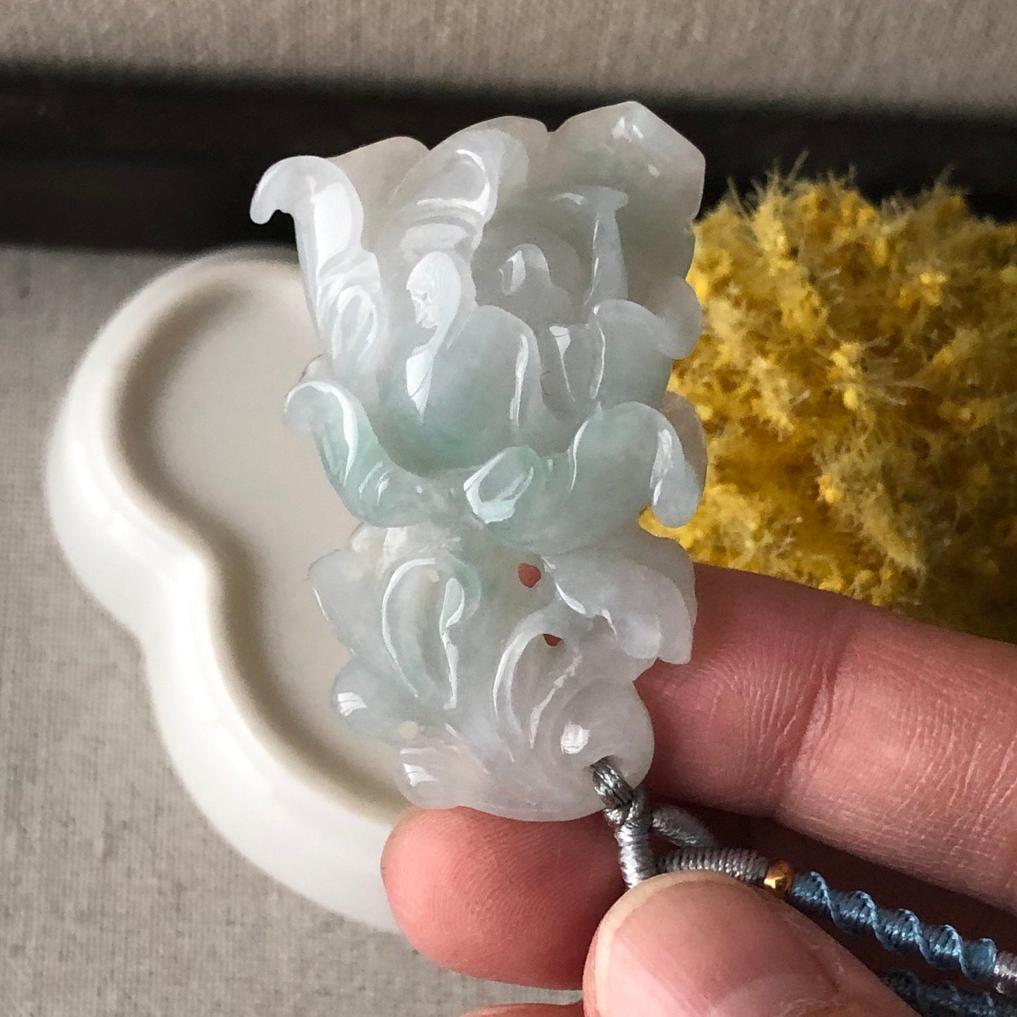 46mm Icy Tint Green Jadeite Jade Carved Flower Pendant