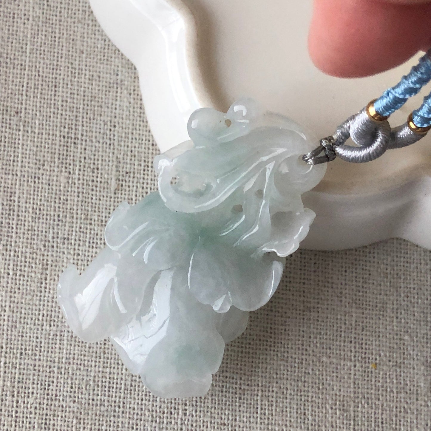 46mm Icy Tint Green Jadeite Jade Carved Flower Pendant