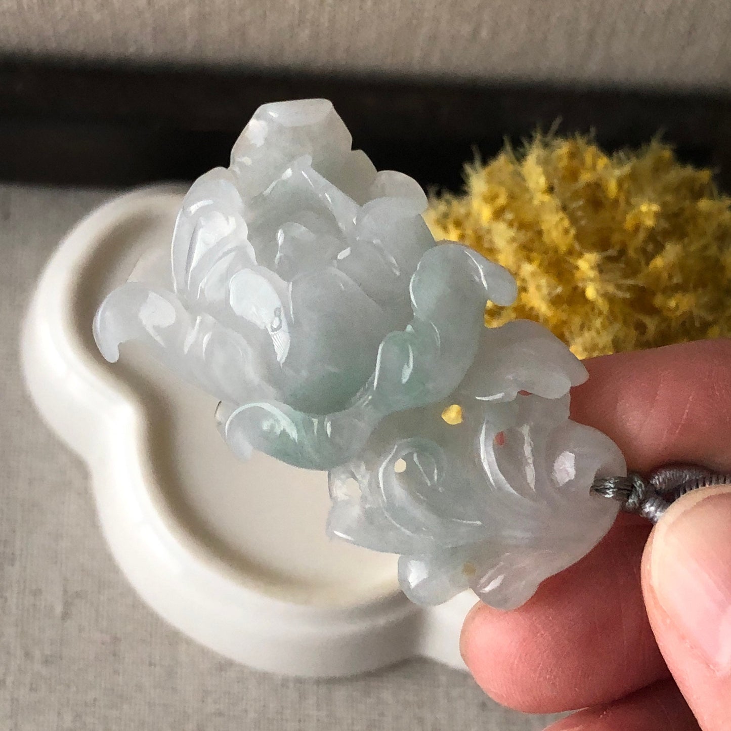 46mm Icy Tint Green Jadeite Jade Carved Flower Pendant