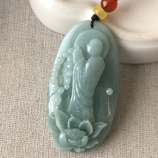 49mm Green Jadeite Jade Carved Faceless Buddha Pendant