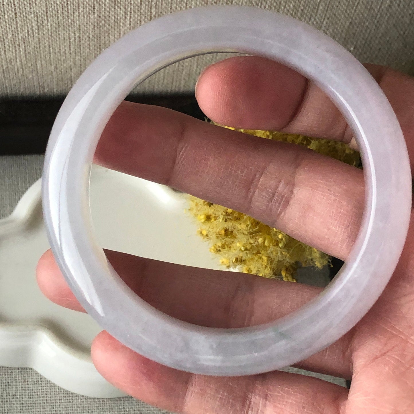 55 mm Icy White Tint Lavender Jadeite Jade D shaped Bangle