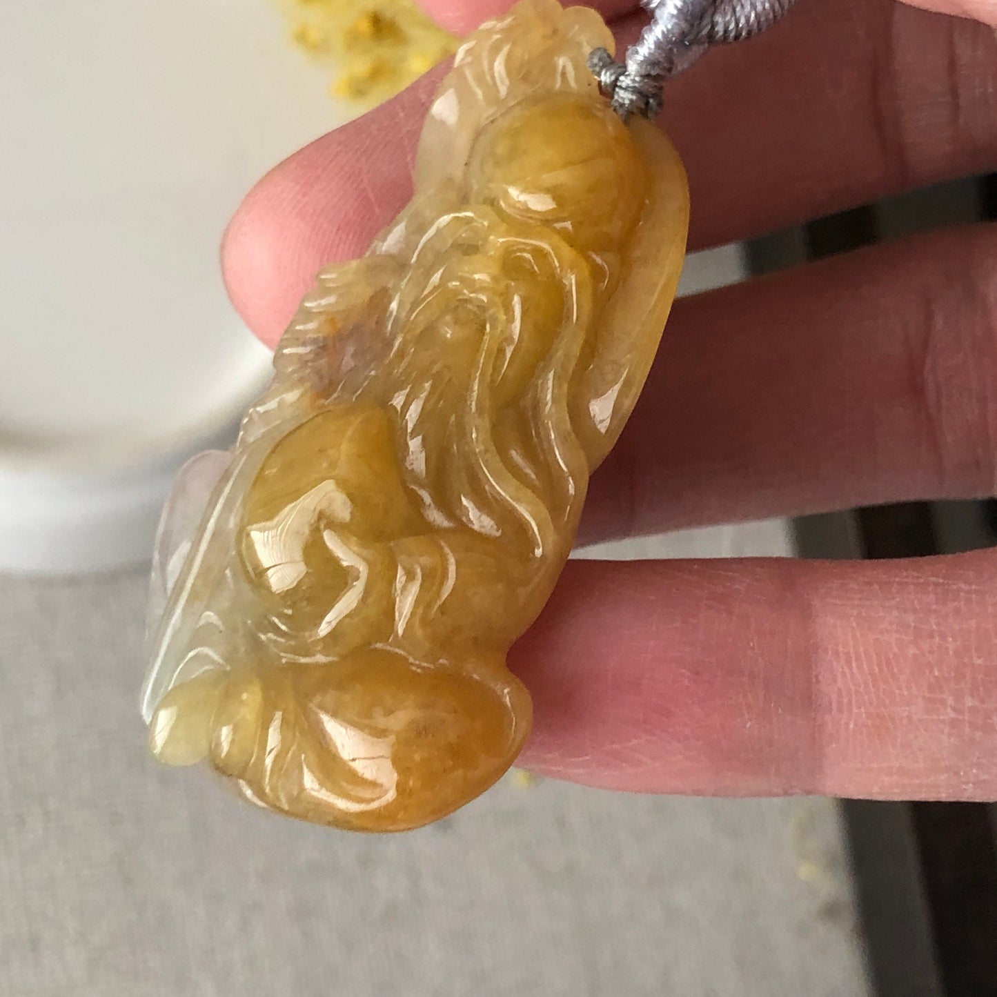 46mm Jadeite Jade Carved Yellow Longevity God Pendant