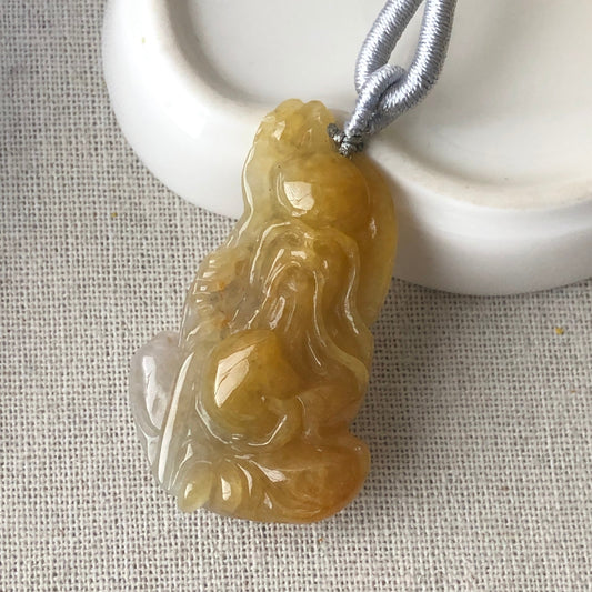 46mm Jadeite Jade Carved Yellow Longevity God Pendant