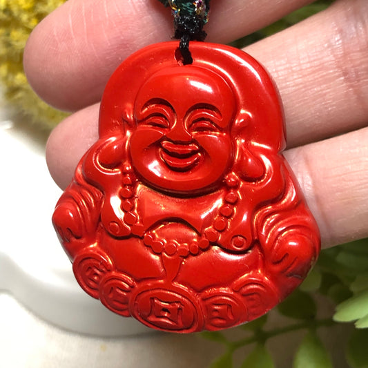 35 mm Cinnabar Carved Red Buddha Pendant NOT JADE