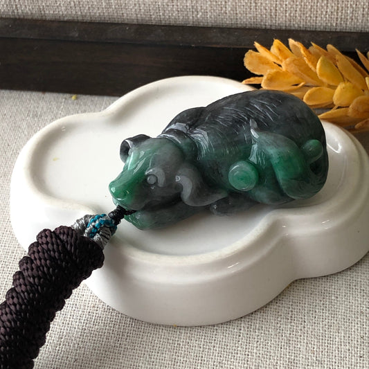 49mm Jadeite Jade Green Wuji  Black Carved Dog Pendant