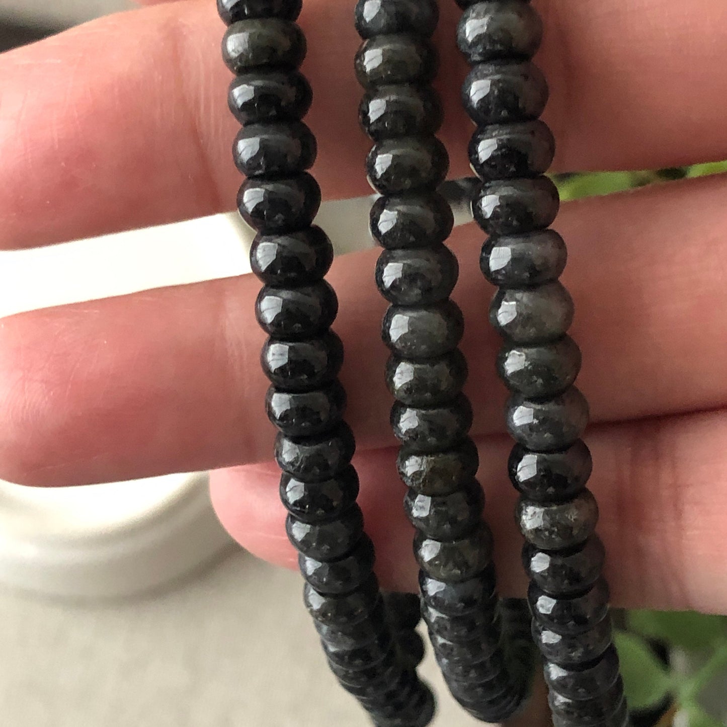 5.8mm Wuji Black Grey Jadeite Jade Flat Round Bead Bracelet Necklace