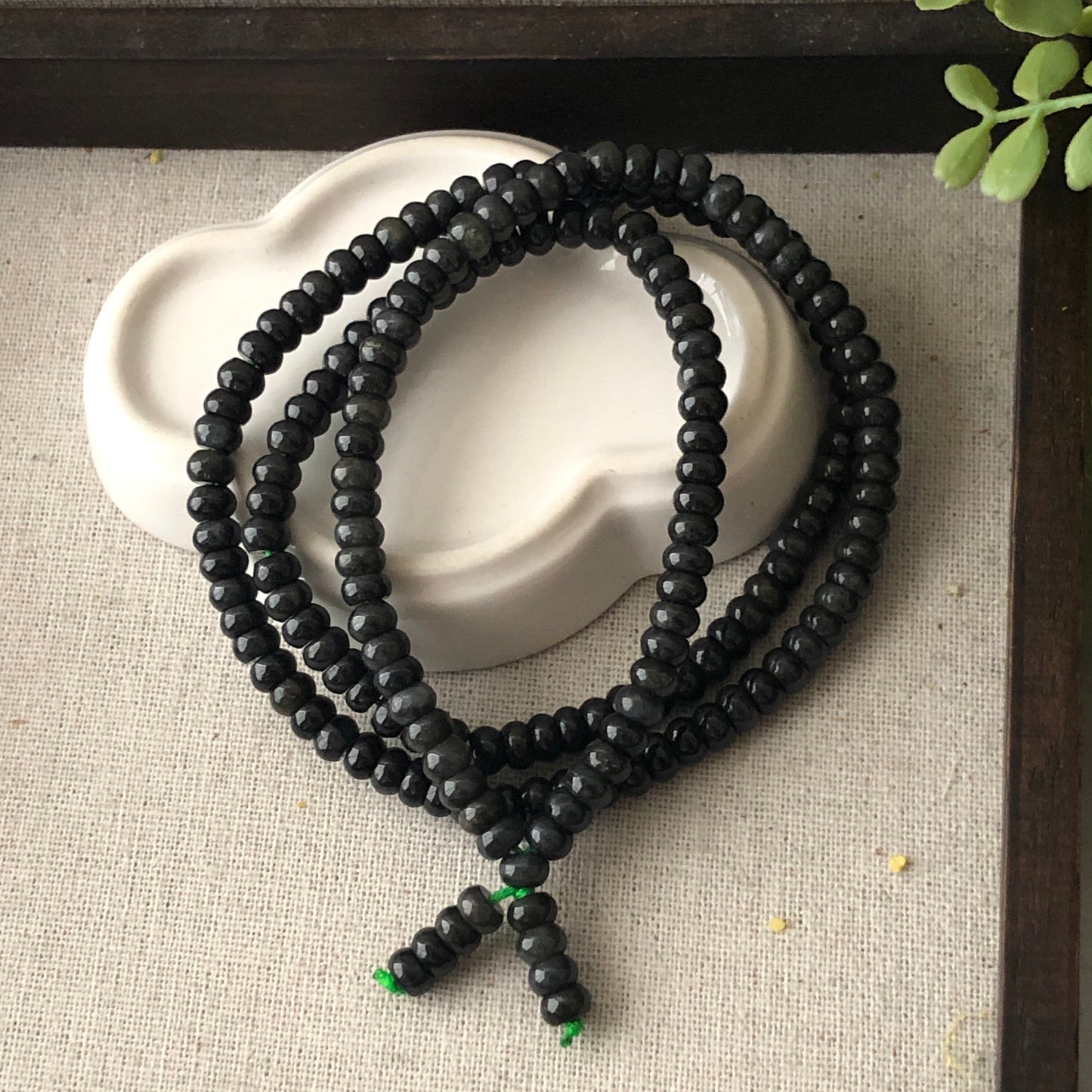 5.8mm Wuji Black Grey Jadeite Jade Flat Round Bead Bracelet Necklace