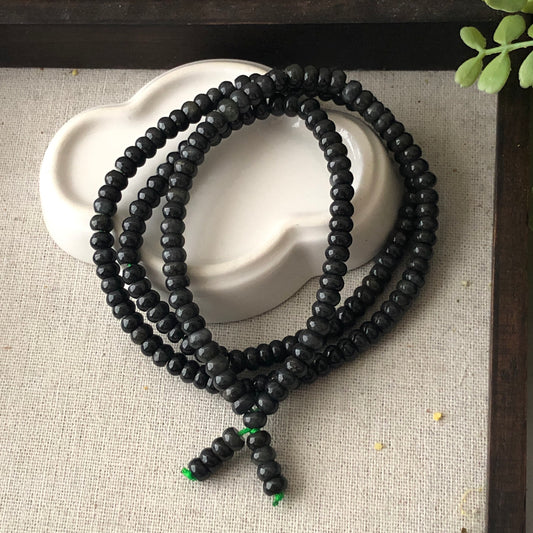 5.8mm Wuji Black Grey Jadeite Jade Flat Round Bead Bracelet Necklace