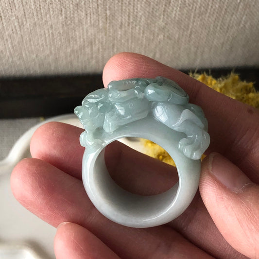 Us size 9.5-10 Jadeite Jade Green Float Flowers Carved Pixiu Ring