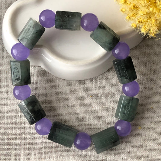 10x14.7mm Green Water Lake Jadeite Jade Six Word Carved Blessing Bead Bracelet