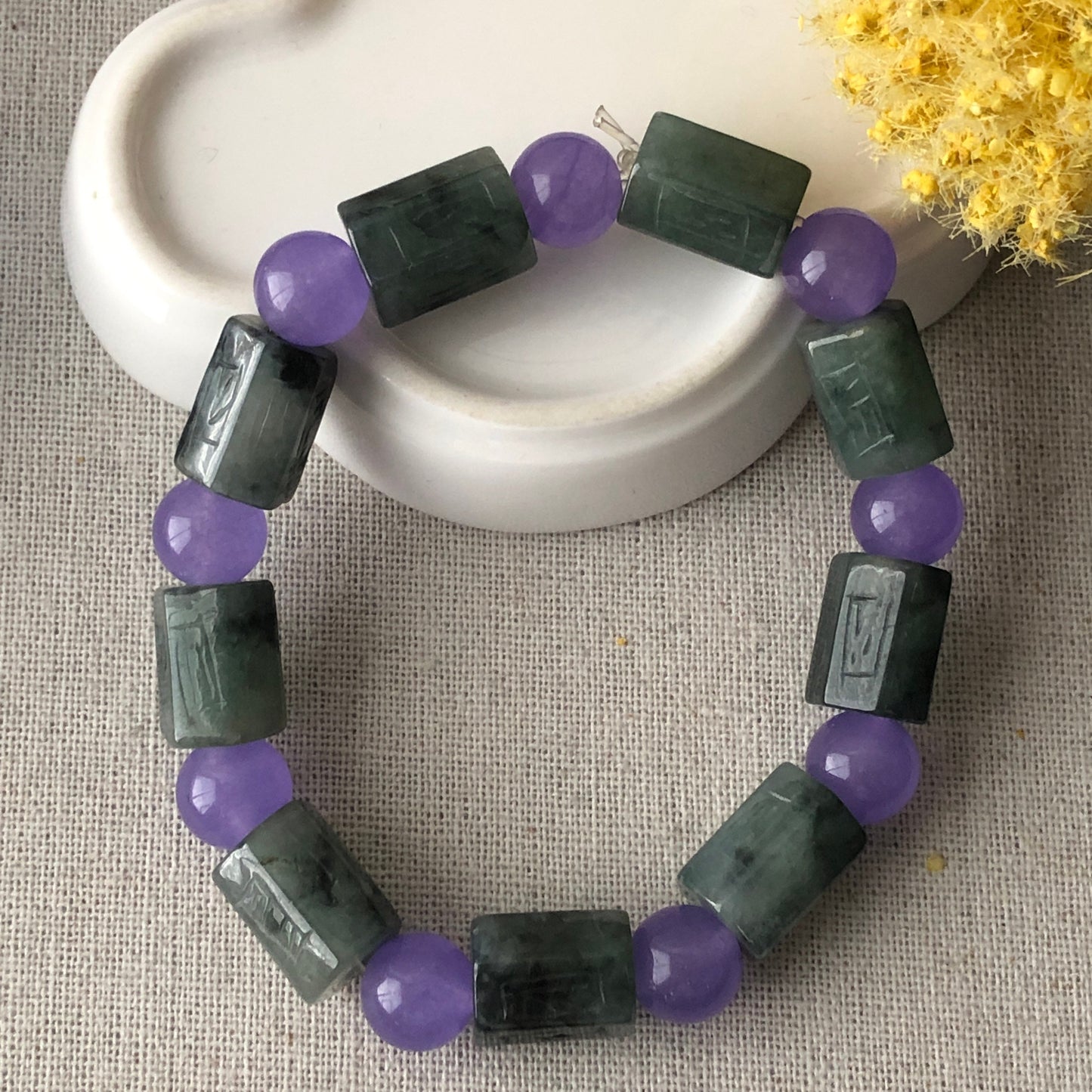 10x14.7mm Green Water Lake Jadeite Jade Six Word Carved Blessing Bead Bracelet