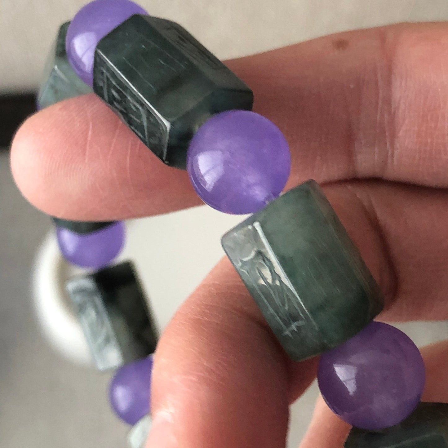 10x14.7mm Green Water Lake Jadeite Jade Six Word Carved Blessing Bead Bracelet