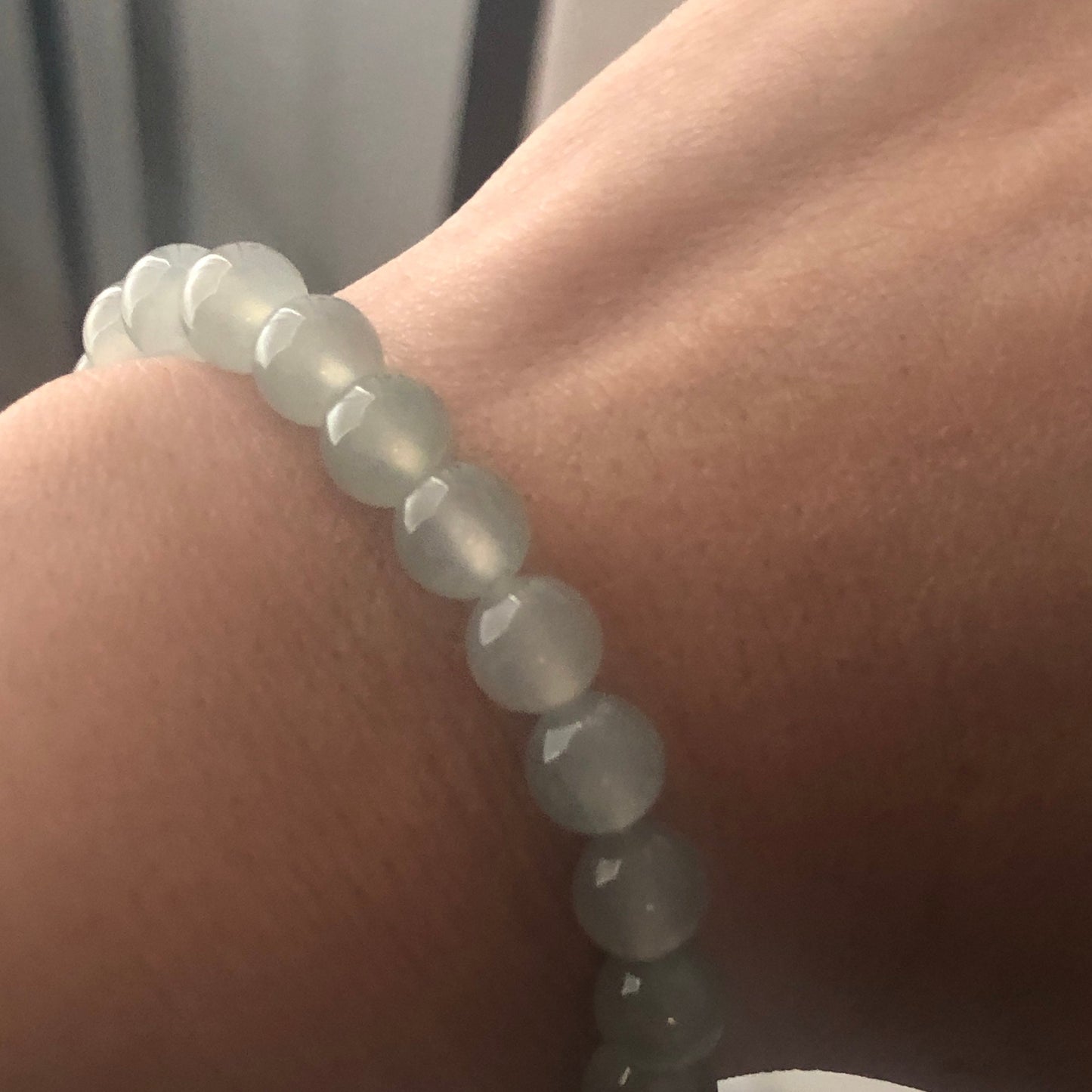 7.4 mm Icy Tint Green Jadeite Jade Bead Bracelet Glossy