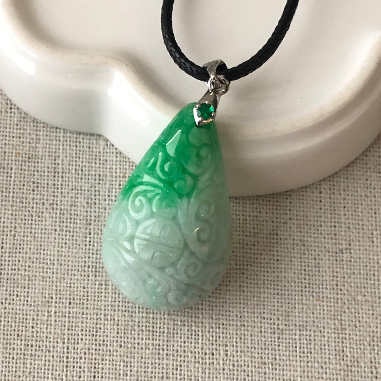 35mm Green Carved Asian Pattern Jade Jadeite Pendant Drop Shape