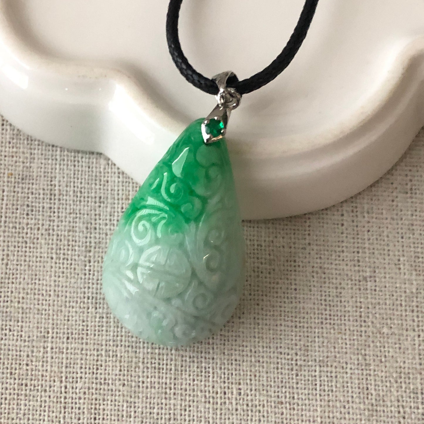 35mm Green Carved Asian Pattern Jade Jadeite Pendant Drop Shape