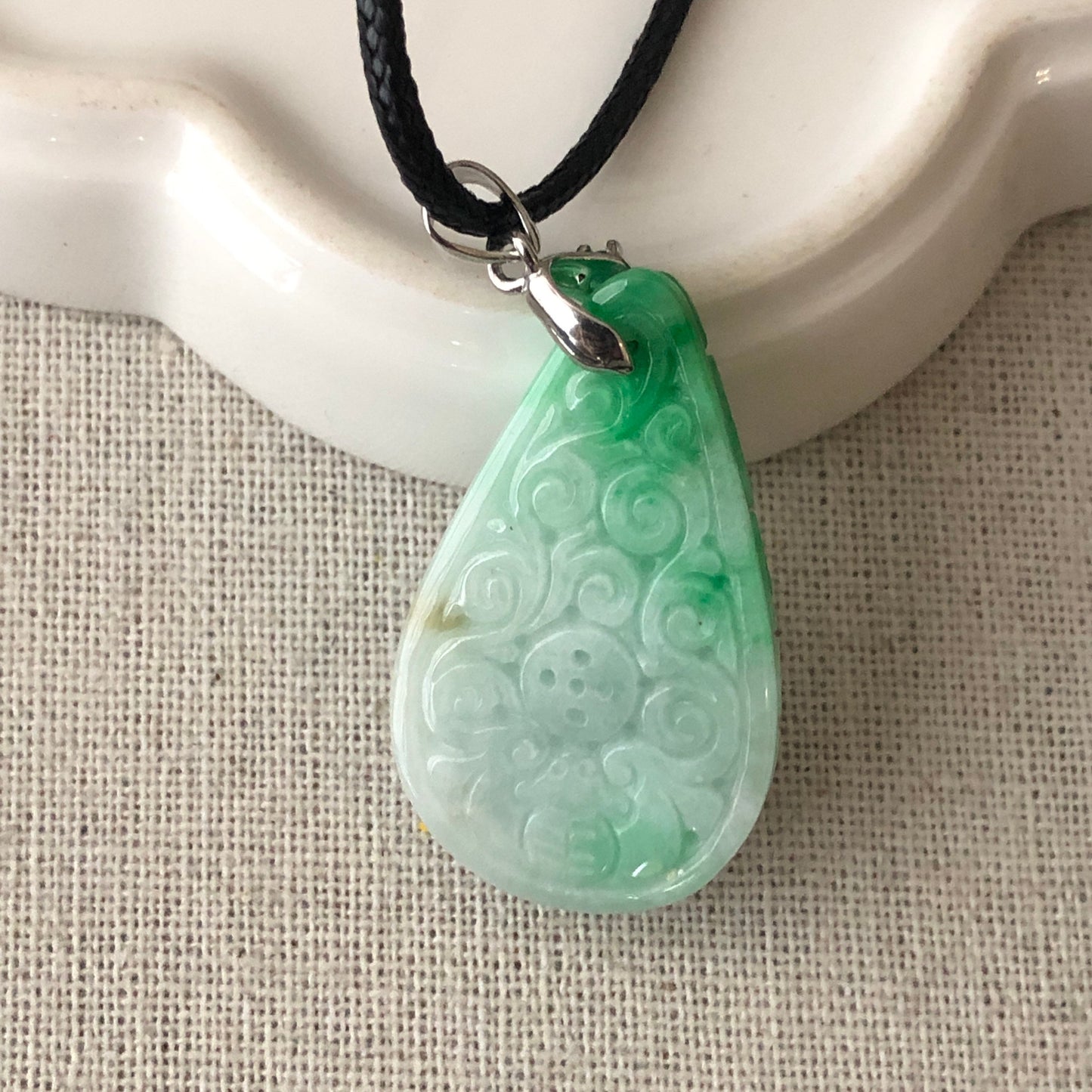 35mm Green Carved Asian Pattern Jade Jadeite Pendant Drop Shape
