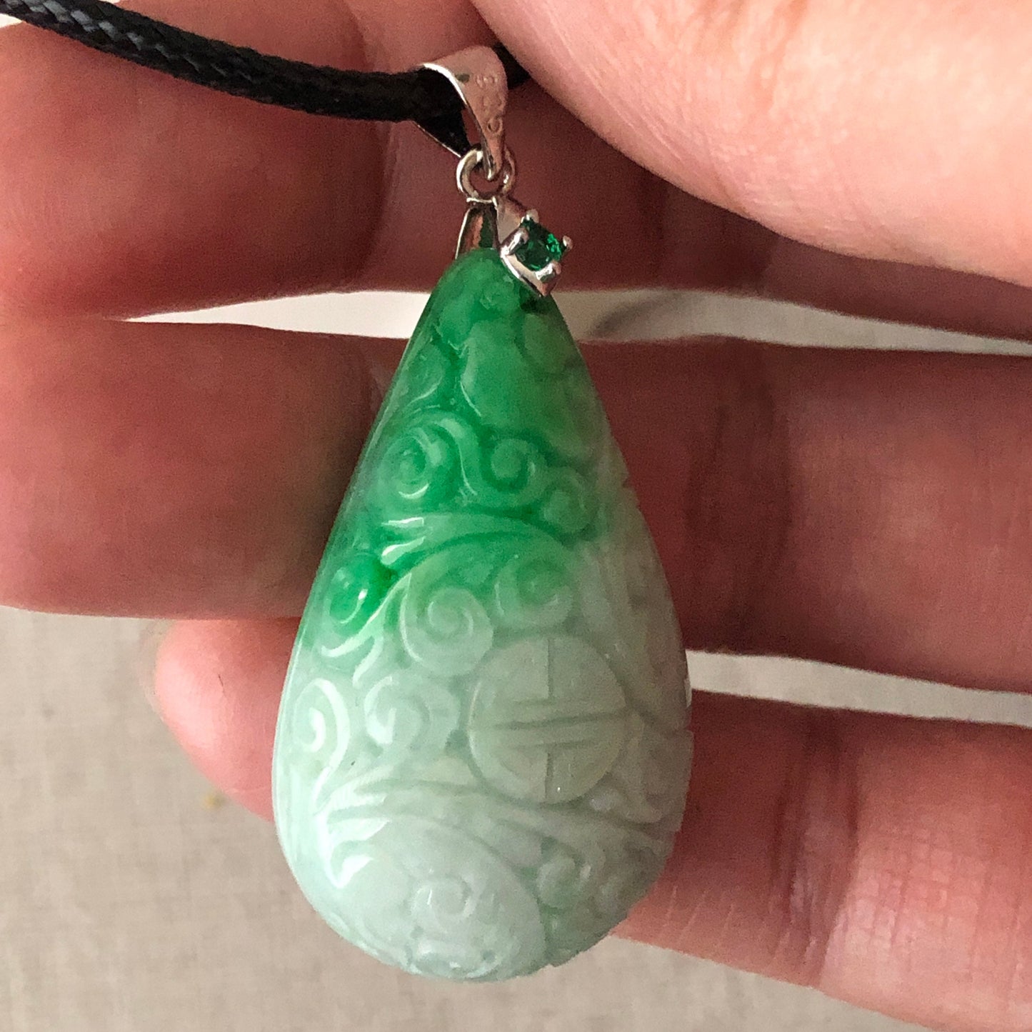 35mm Green Carved Asian Pattern Jade Jadeite Pendant Drop Shape
