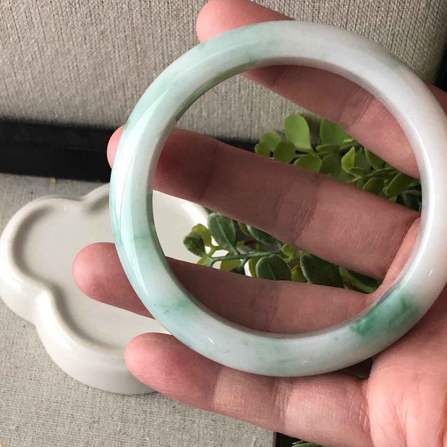 57.5mm White Green Flowers Jadeite Jade Bangle