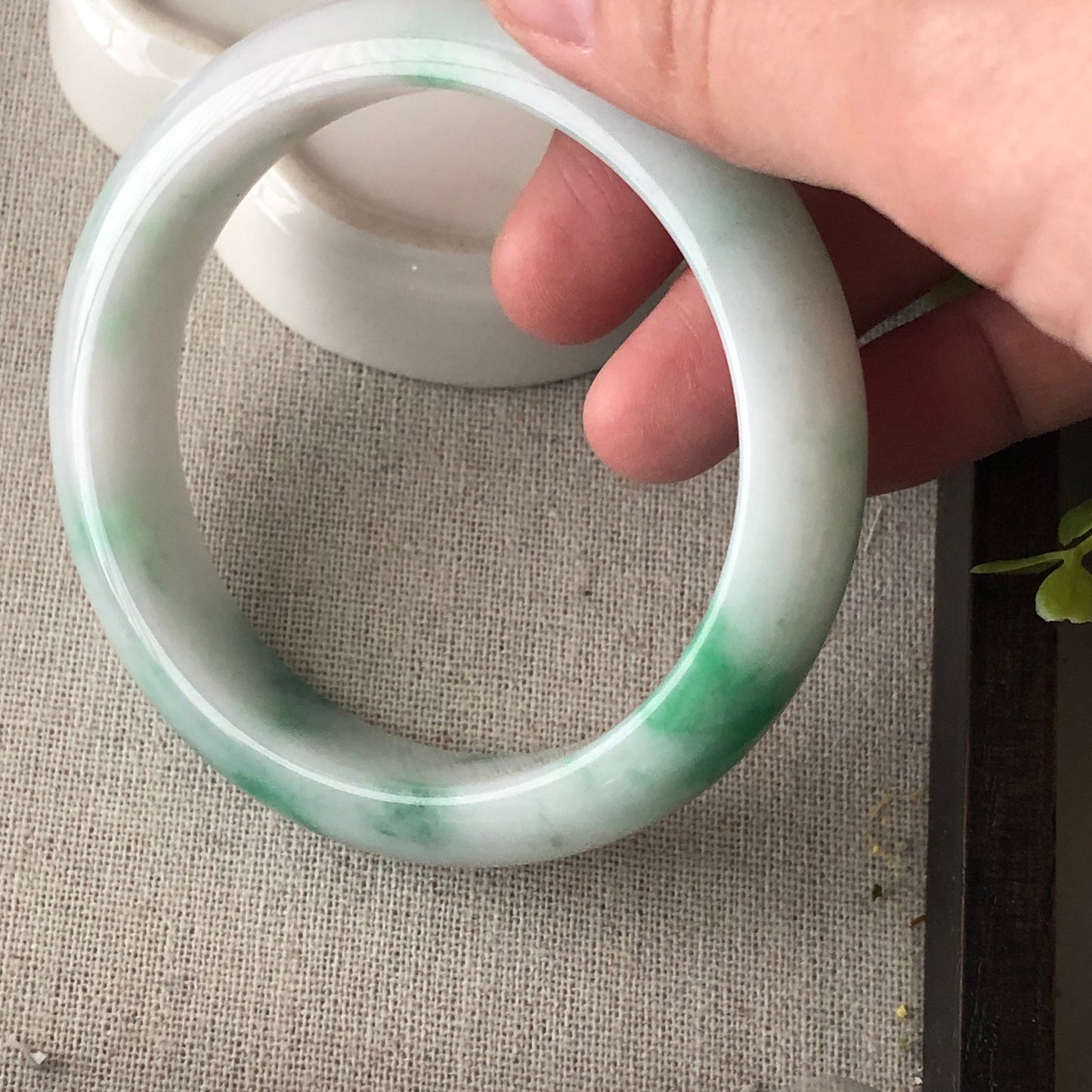 57.5mm White Green Flowers Jadeite Jade Bangle