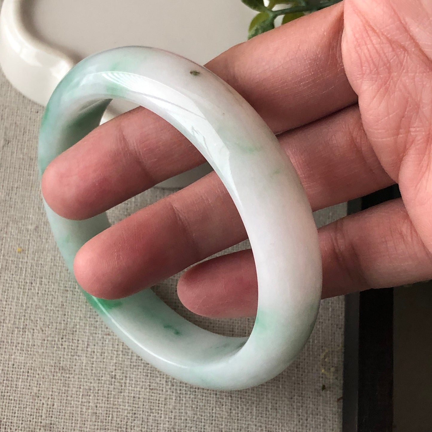 57.5mm White Green Flowers Jadeite Jade Bangle