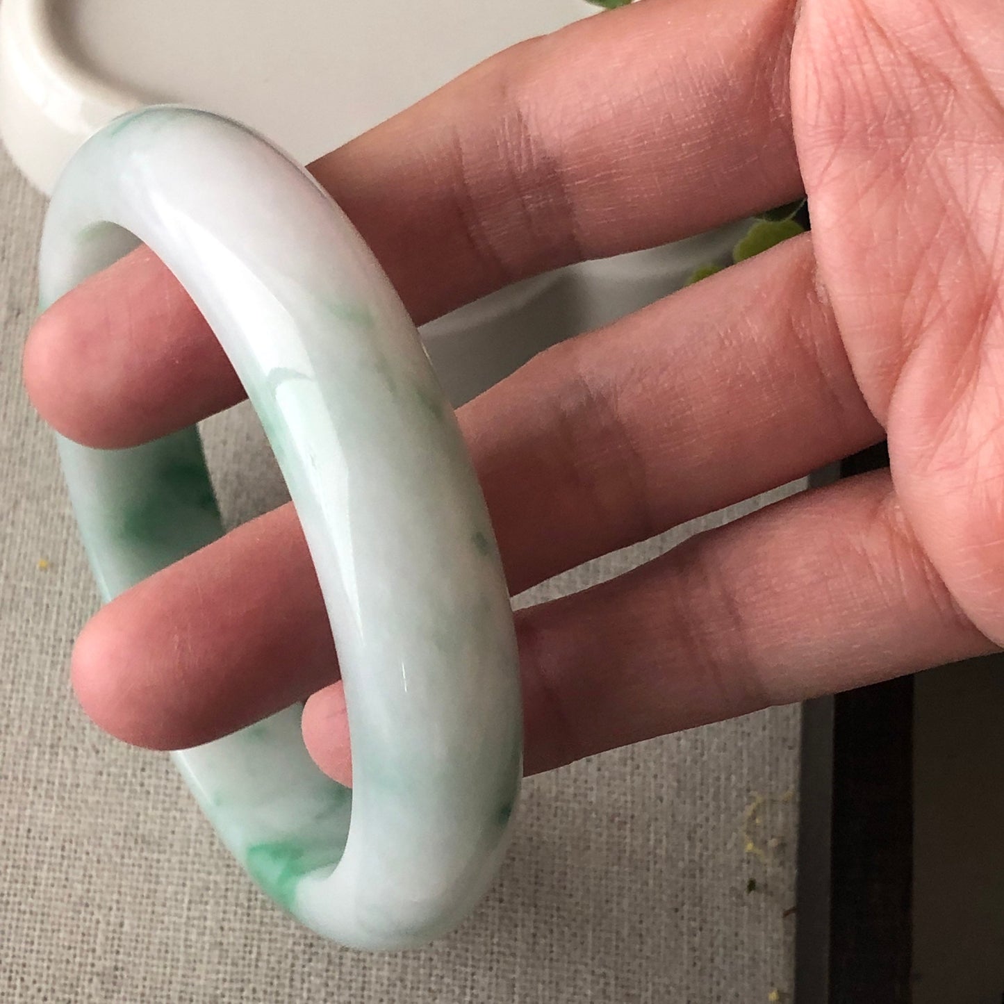 57.5mm White Green Flowers Jadeite Jade Bangle