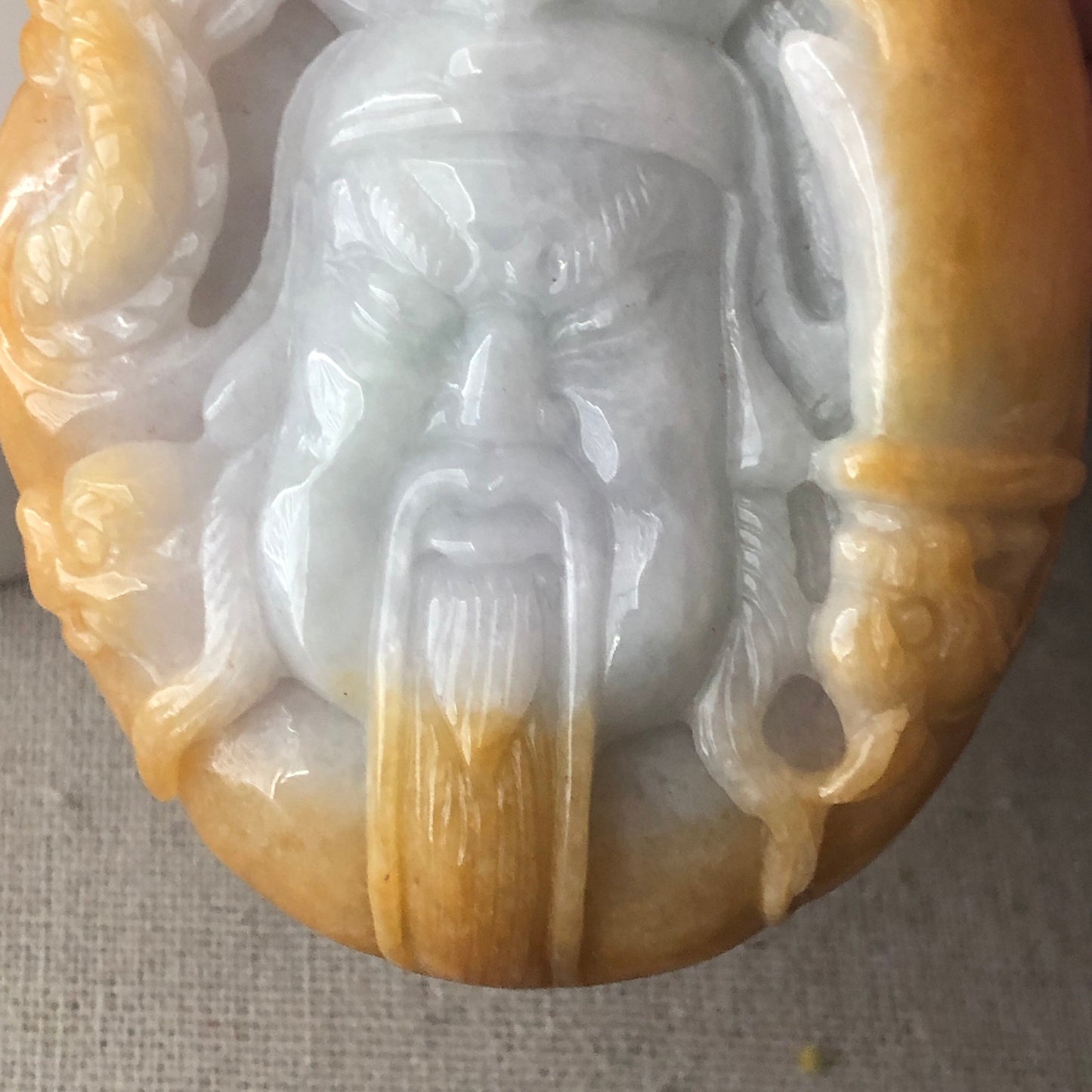 74.6mm Yellow Brown Jadeite Jade Carved General and Dragon Mask Display