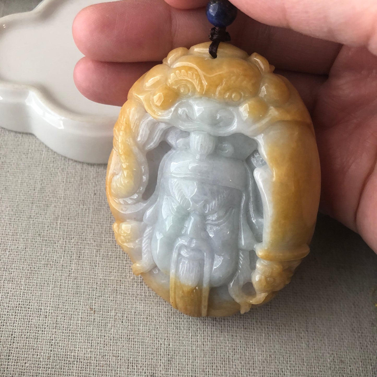 74.6mm Yellow Brown Jadeite Jade Carved General and Dragon Mask Display