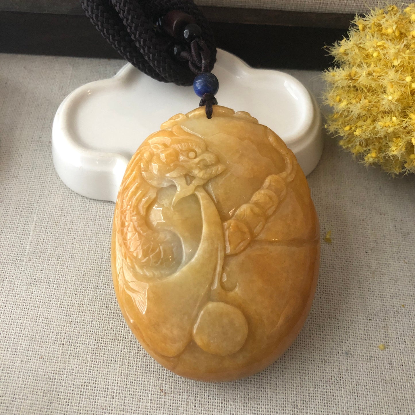 74.6mm Yellow Brown Jadeite Jade Carved General and Dragon Mask Display