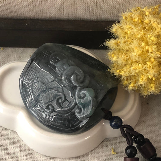 50mm Wuji Green Jadeite Jade Carved Tortoise Shell Ruyi Coins Display