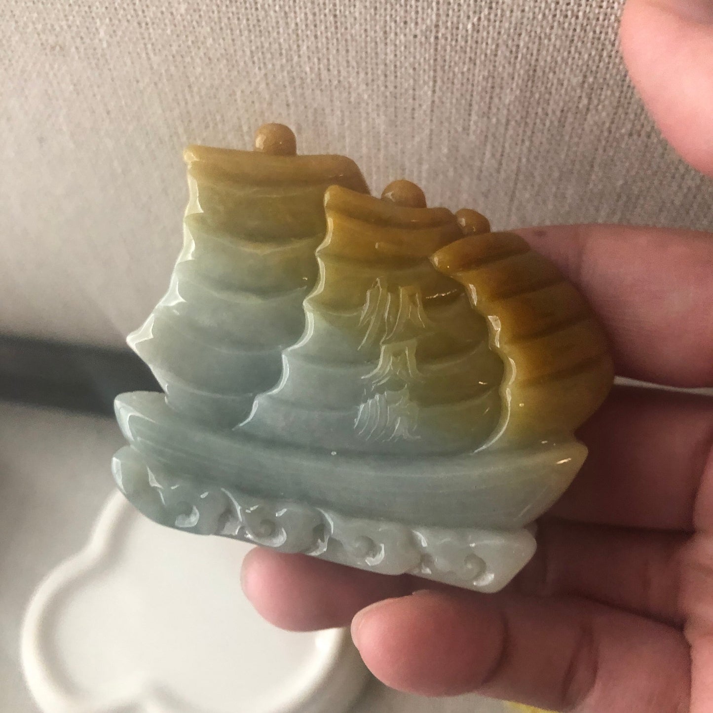 60mm Yellow Brown Jadeite Jade Carved Ship Display