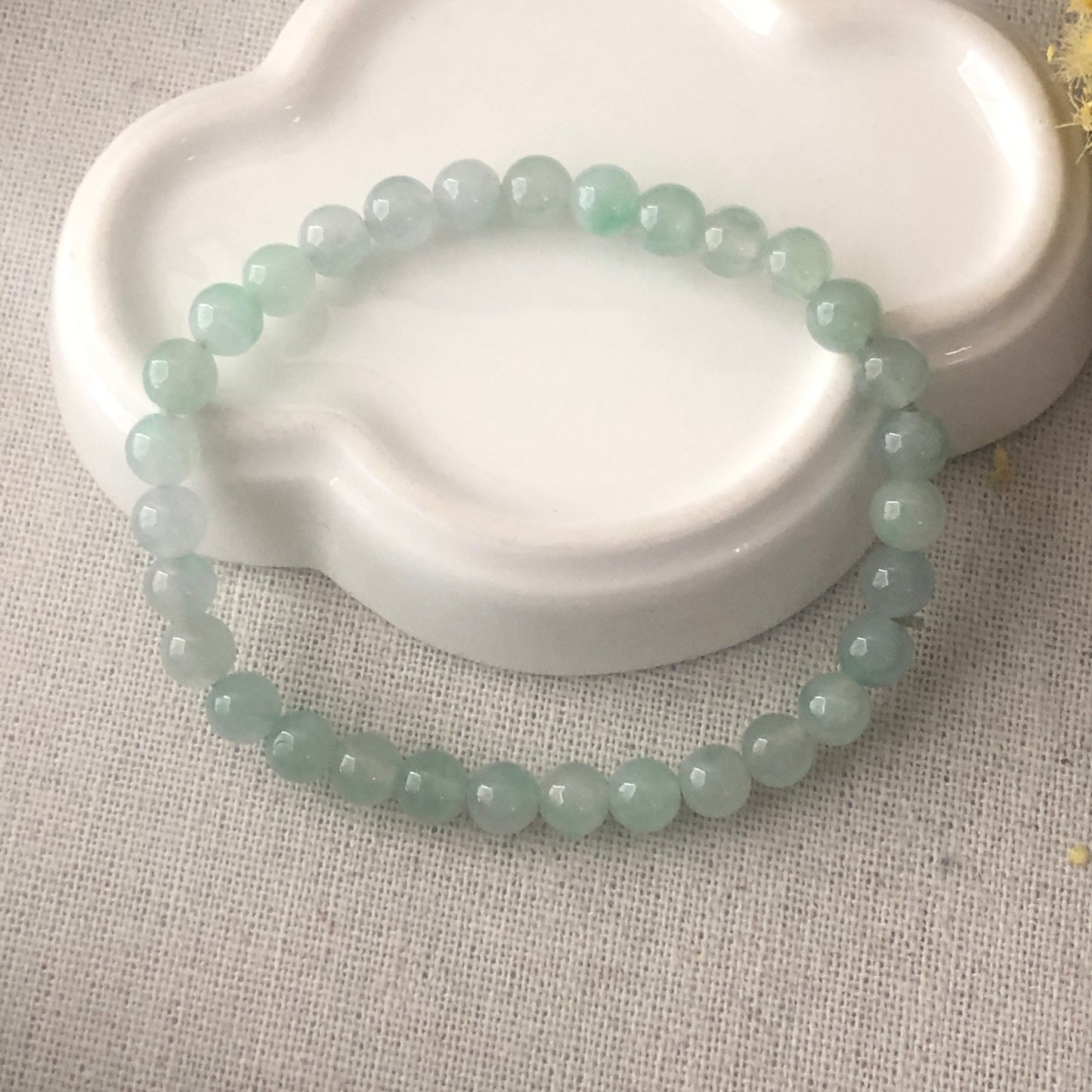 6 mm Icy Tint Green Jadeite Jade Bead Bracelet Glossy