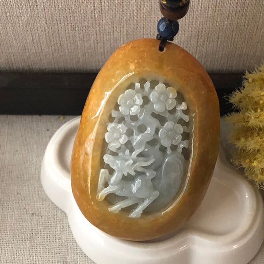 70mm Yellow Brown Jadeite Jade Carved Deer and Flower Display