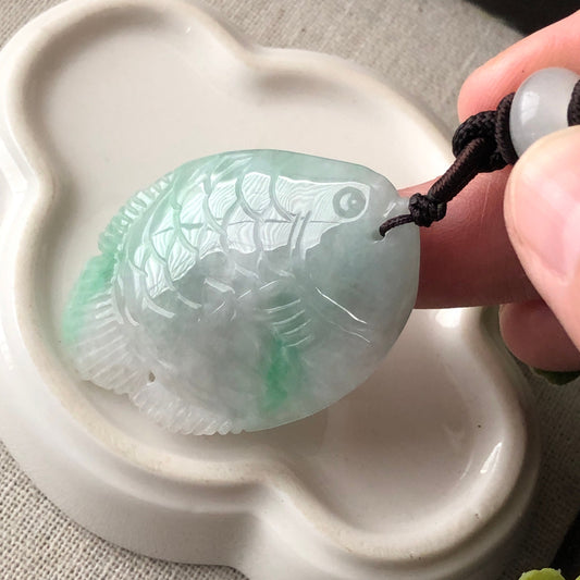 44.4mm Green Carved Fish Jade Jadeite Pendant Shape