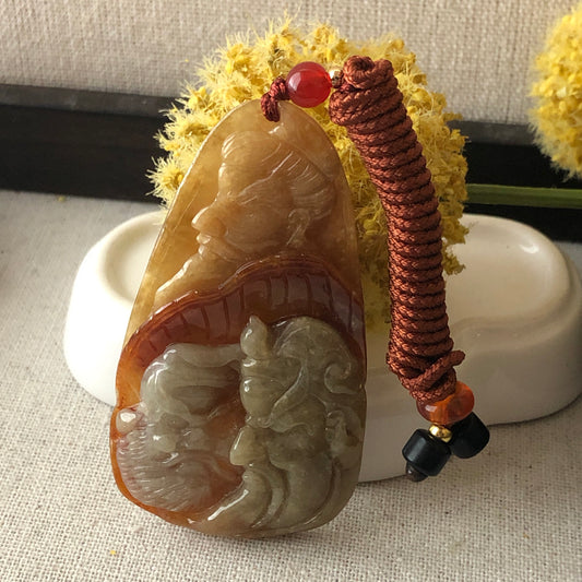 70mm Yellow Red Brown Jadeite Jade Carved General Head Pendant