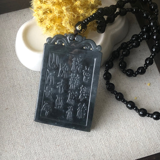 65mm Wuji Grey Jadeite Jade Carved Asian Words Pendant with Bead Necklace