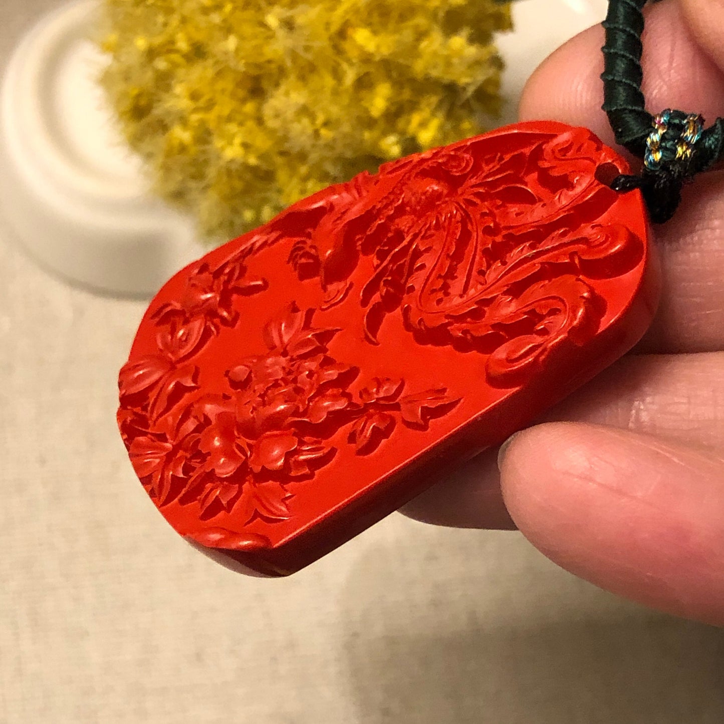 48 mm Cinnabar Carved Red Phoenix Flower Pendant NOT JADE