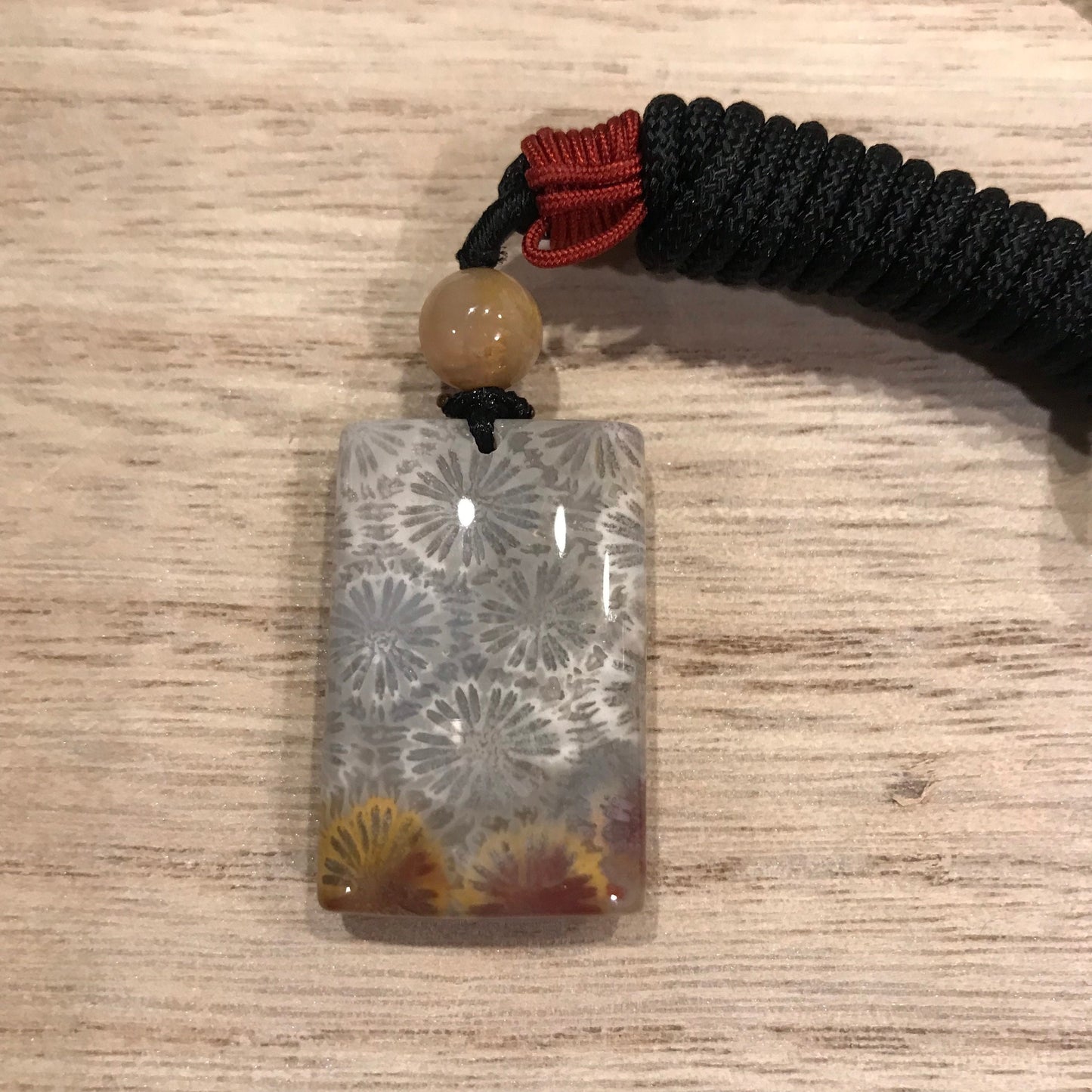 30.3mm Beige Grey Maive Fossil Coral Pendant with Neck Rope Tie BC006