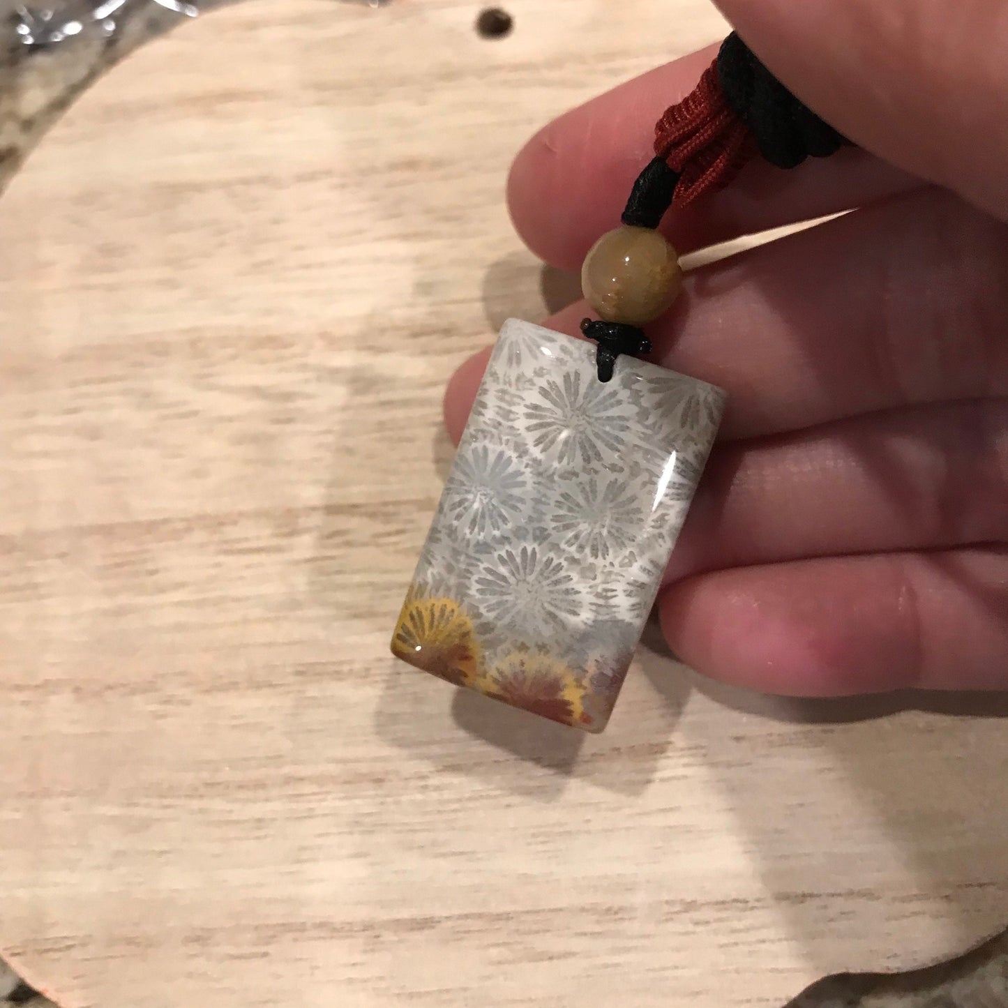 30.3mm Beige Grey Maive Fossil Coral Pendant with Neck Rope Tie BC006