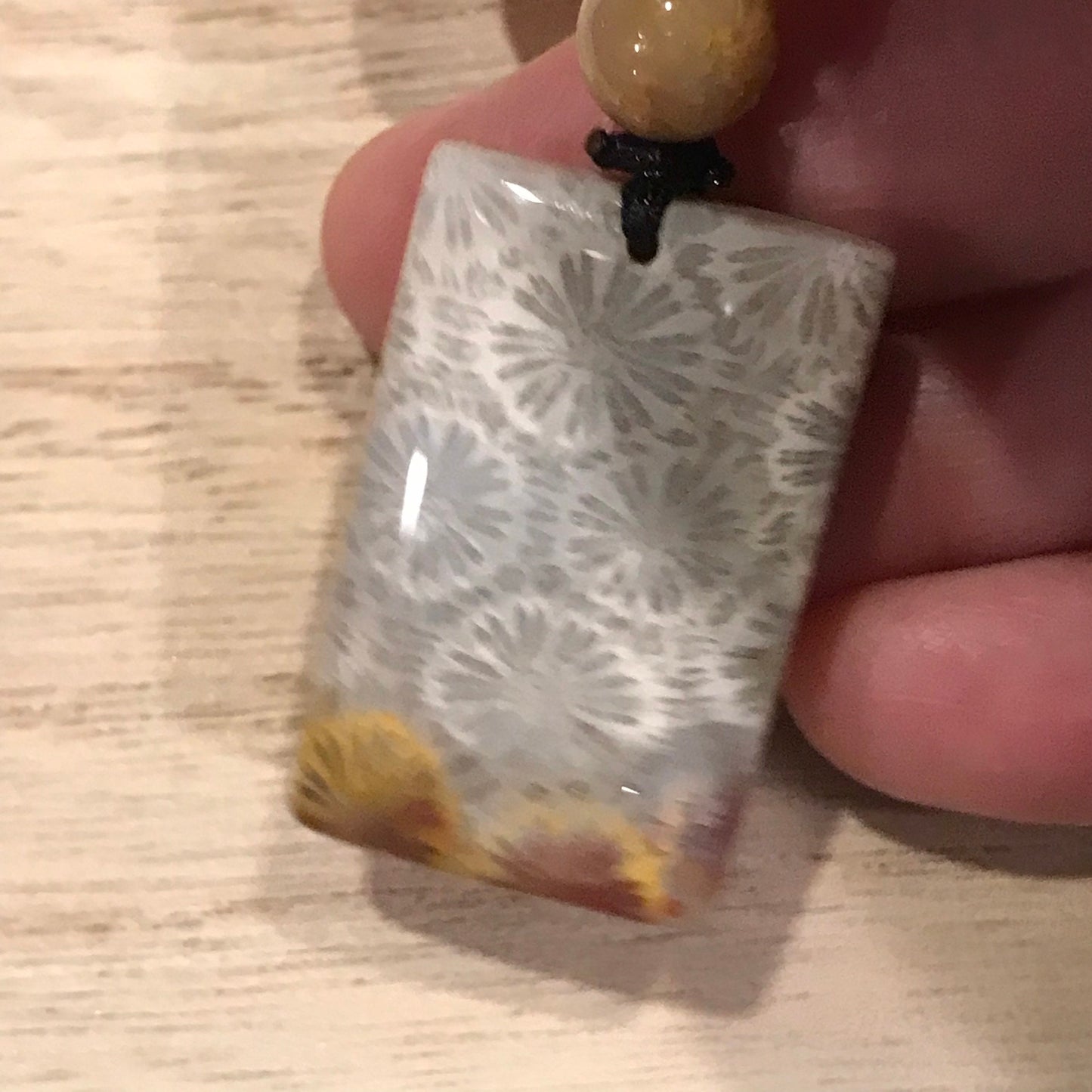 30.3mm Beige Grey Maive Fossil Coral Pendant with Neck Rope Tie BC006