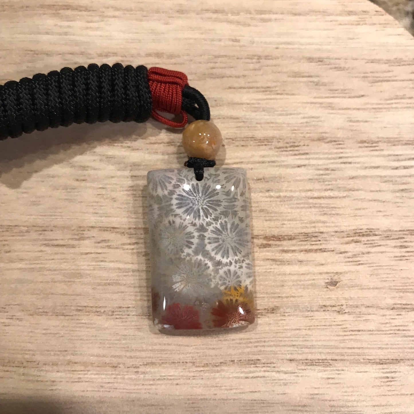 30.3mm Beige Grey Maive Fossil Coral Pendant with Neck Rope Tie BC006