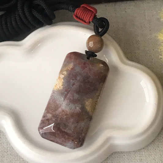 38.8mm Mauve Yellow Tone Fossil Coral Pendant with Neck Rope Tie FC2004