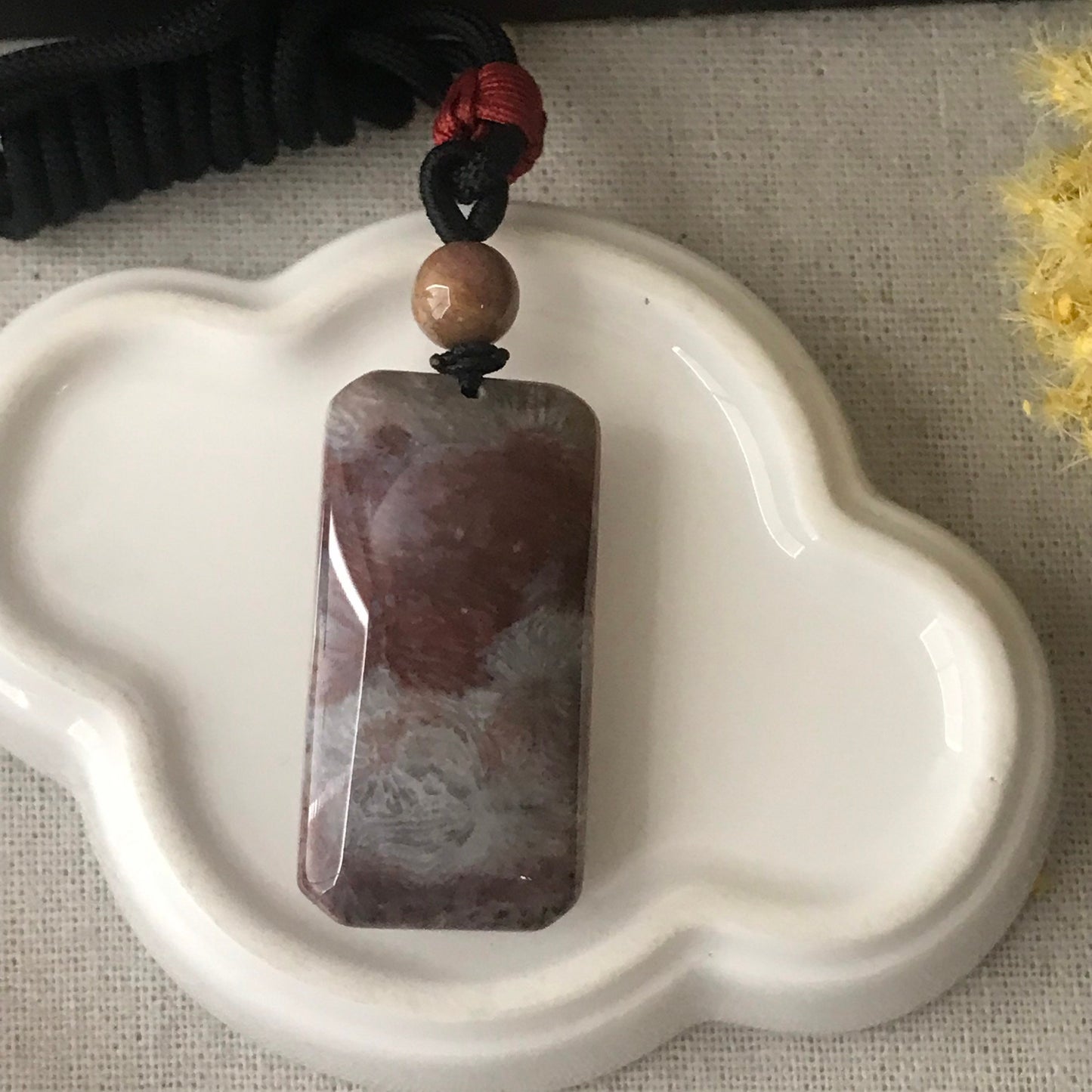 38.8mm Mauve Yellow Tone Fossil Coral Pendant with Neck Rope Tie FC2004