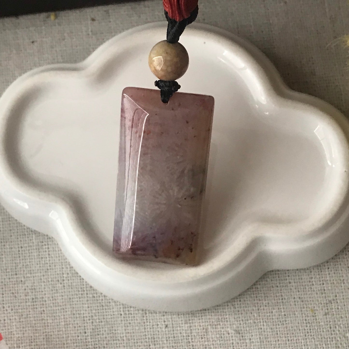 38.8mm Mauve Yellow Tone Fossil Coral Pendant with Neck Rope Tie FC2003