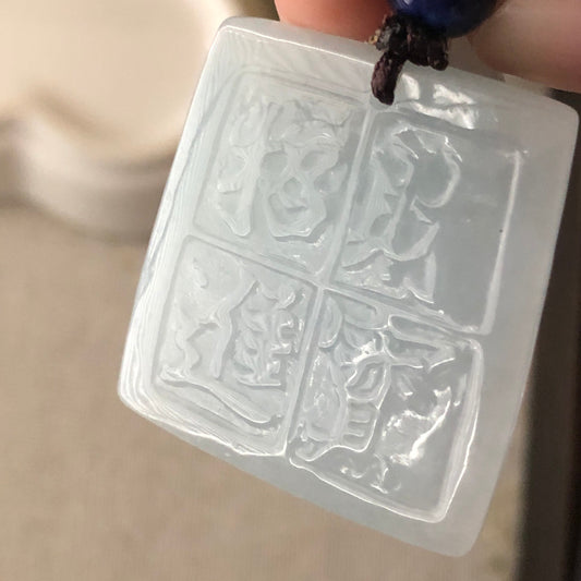 30mm Jadeite Jade Sky Blue Carved Frog Asian Character Pendant Neck Rope Tie