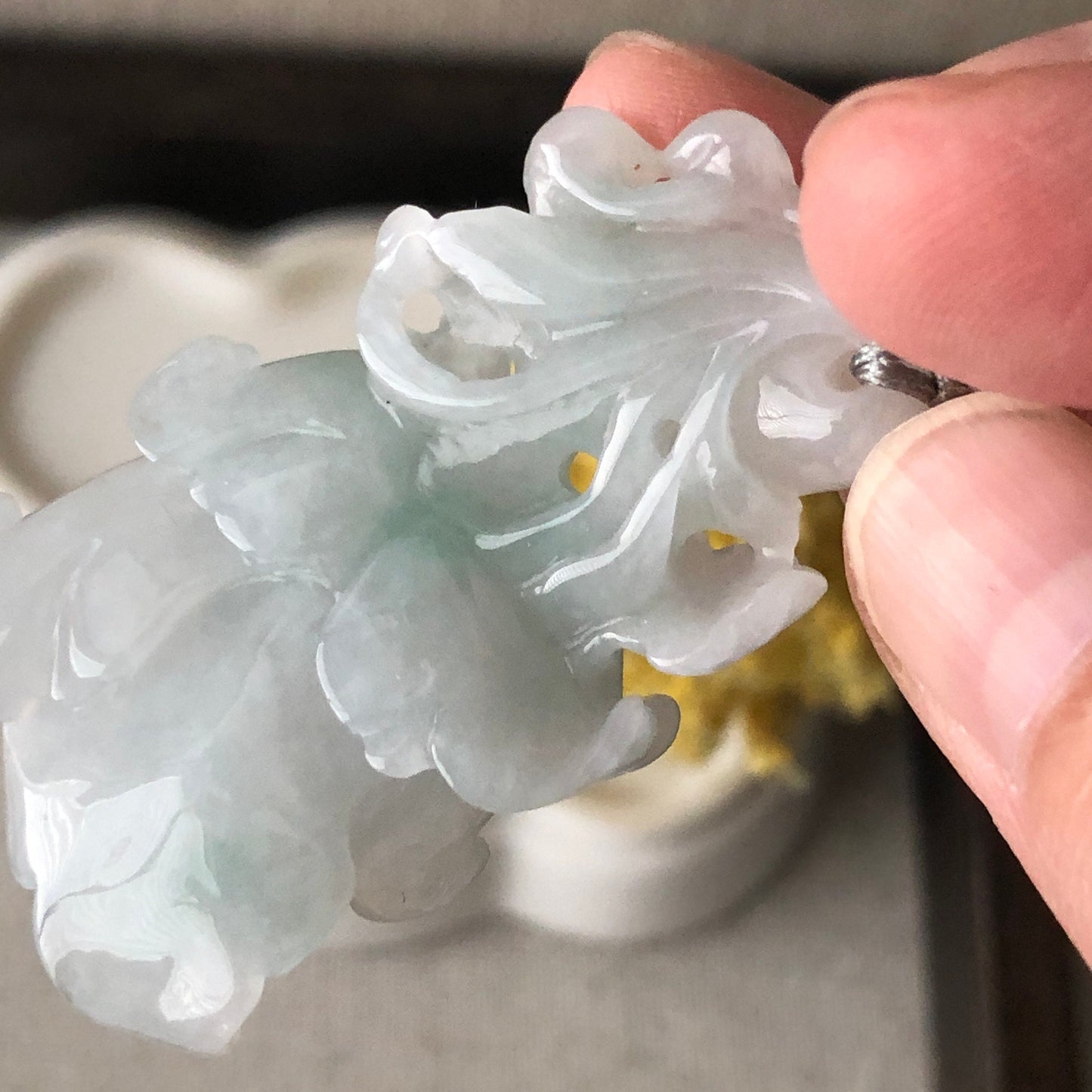 46mm Icy Tint Green Jadeite Jade Carved Flower Pendant