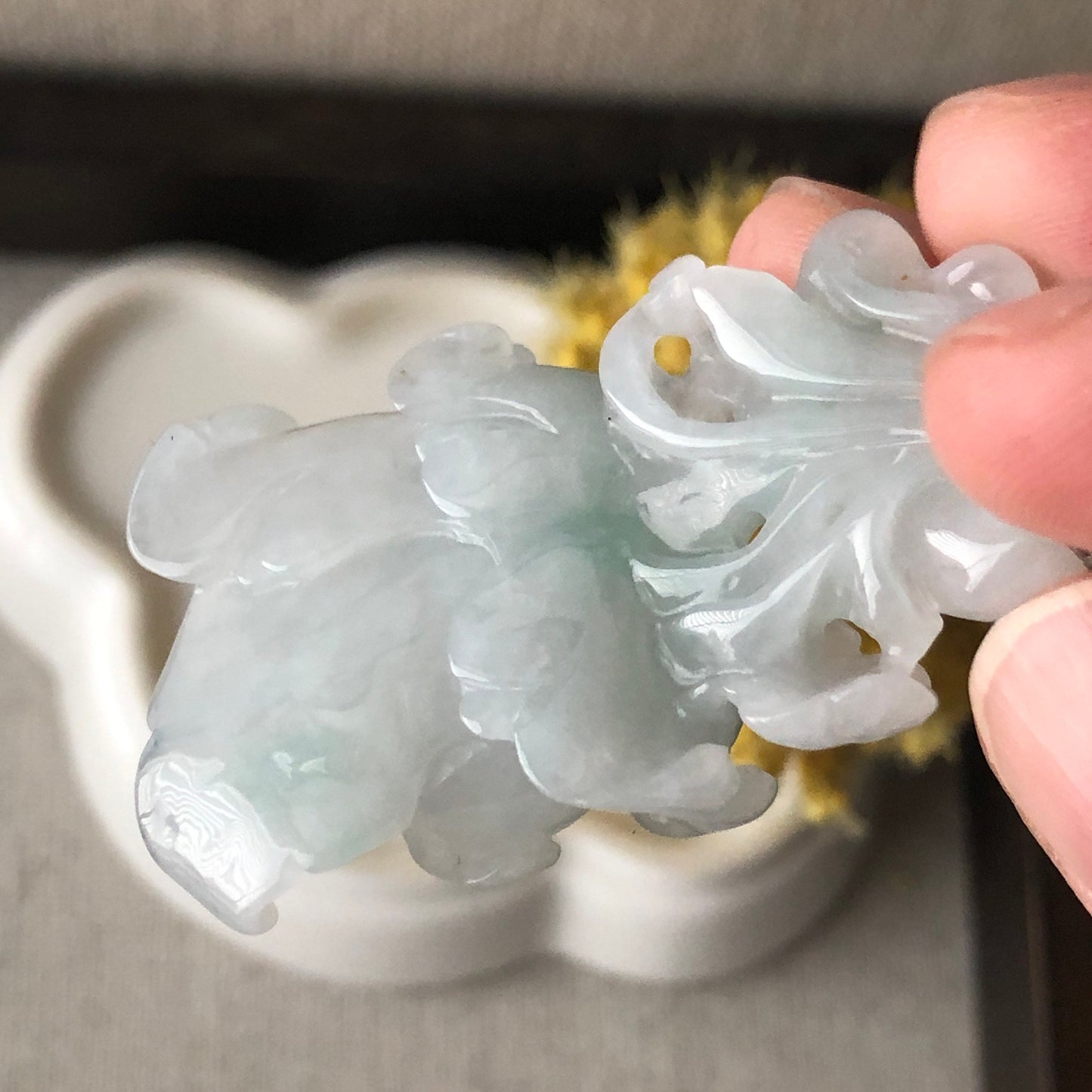 46mm Icy Tint Green Jadeite Jade Carved Flower Pendant