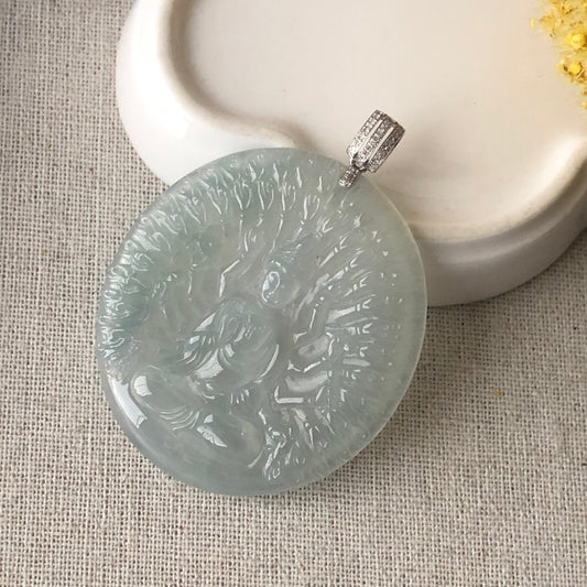 50 mm High Icy Tint Green Thousand Hands Guanyin Pendant