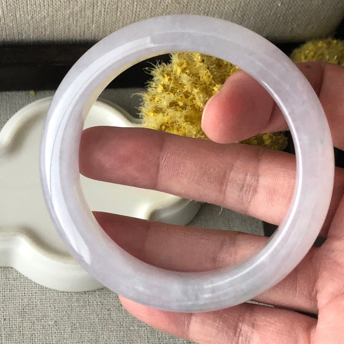 55 mm Icy White Tint Lavender Jadeite Jade D shaped Bangle