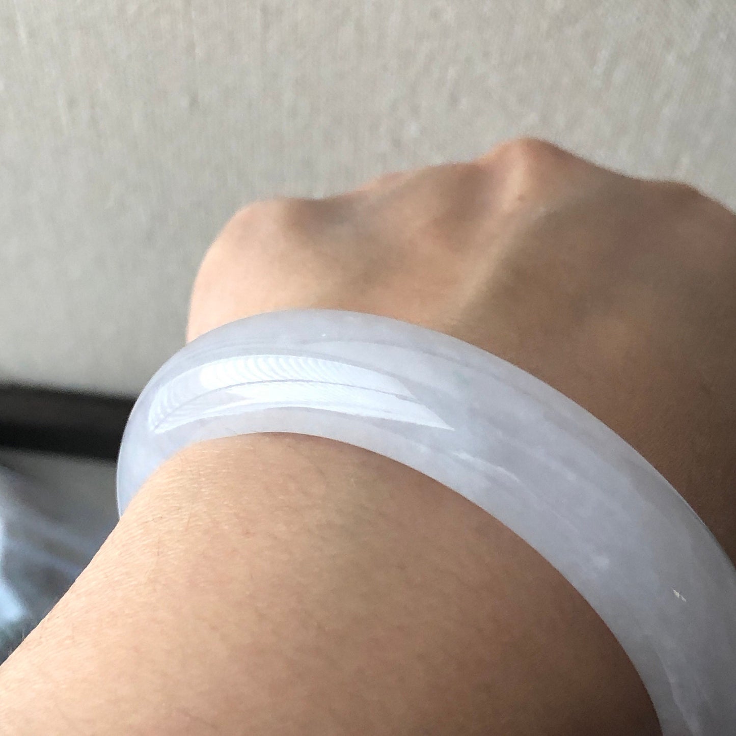 55 mm Icy White Tint Lavender Jadeite Jade D shaped Bangle
